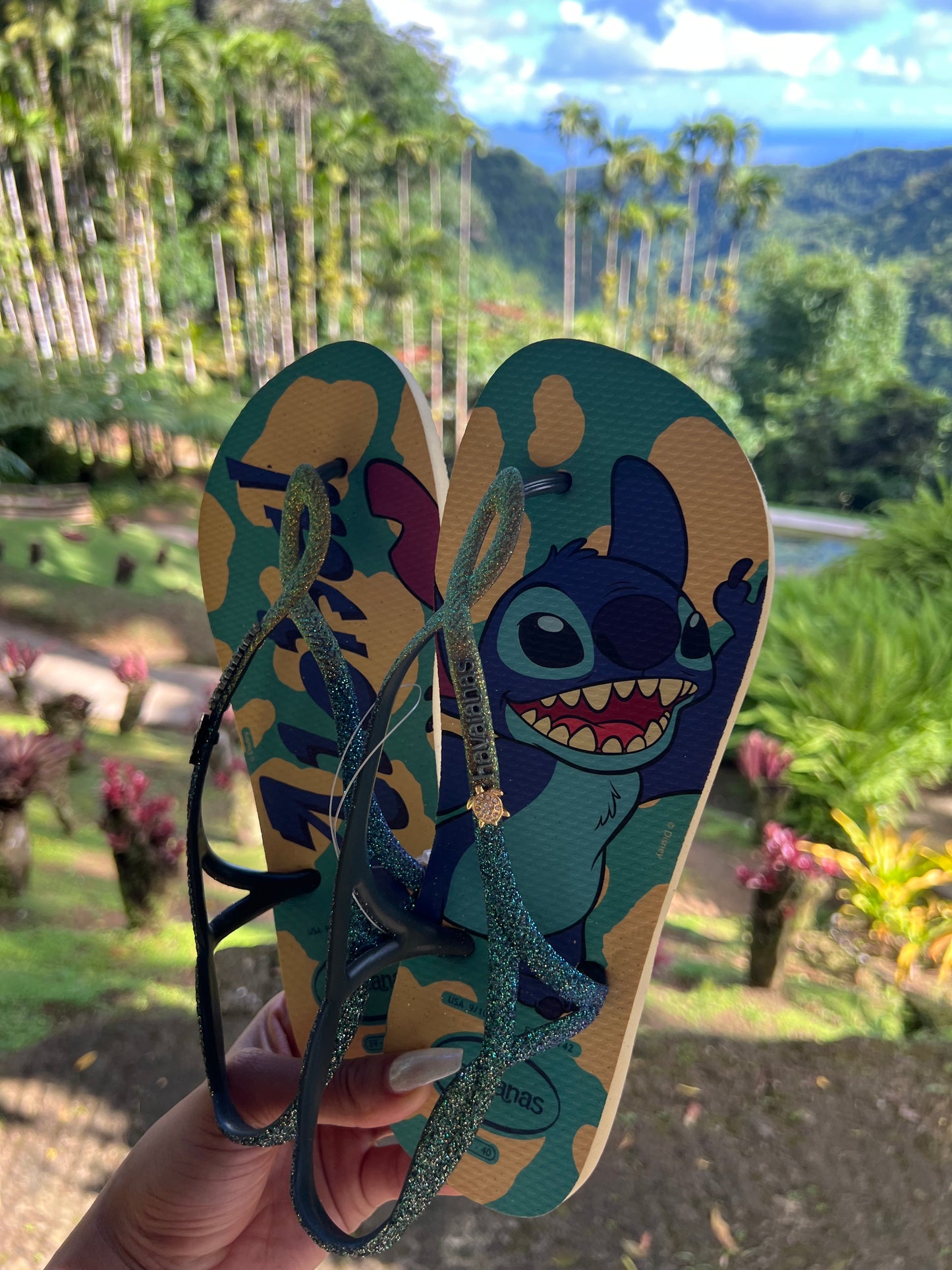 Havaianas Luna Stitch Aloha Glitter Verde + Bijou