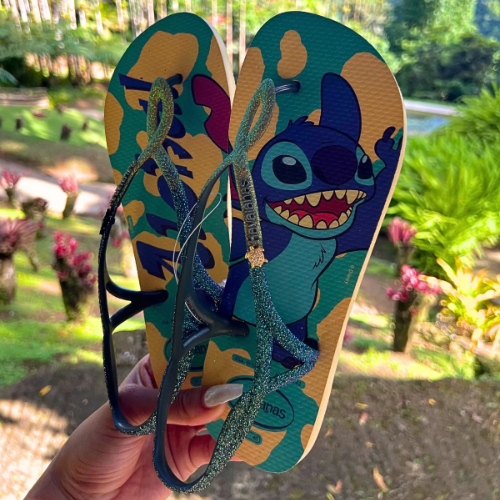 Havaianas Luna Stitch Aloha Glitter Verde + Bijou